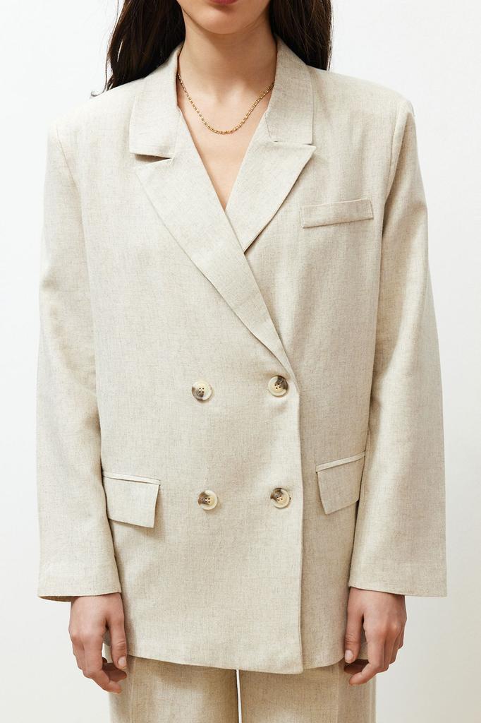 Женская мода бежевый двубортный пиджак из хлопка и льна с застежкой