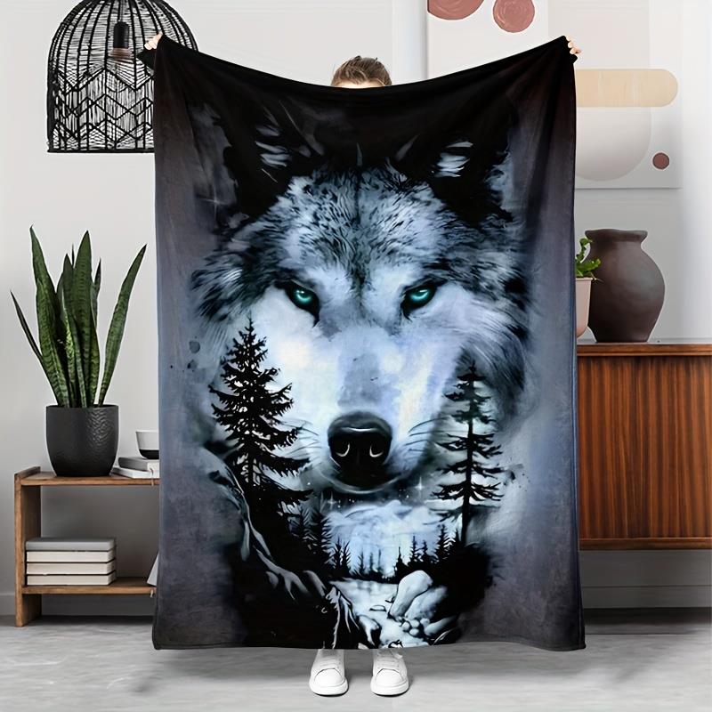 Vintage Wolf Print Flannel Throw Blanket Hypoallergenic TearResistant AllSeason Quilted Polyester Bedding with Digital Wolf