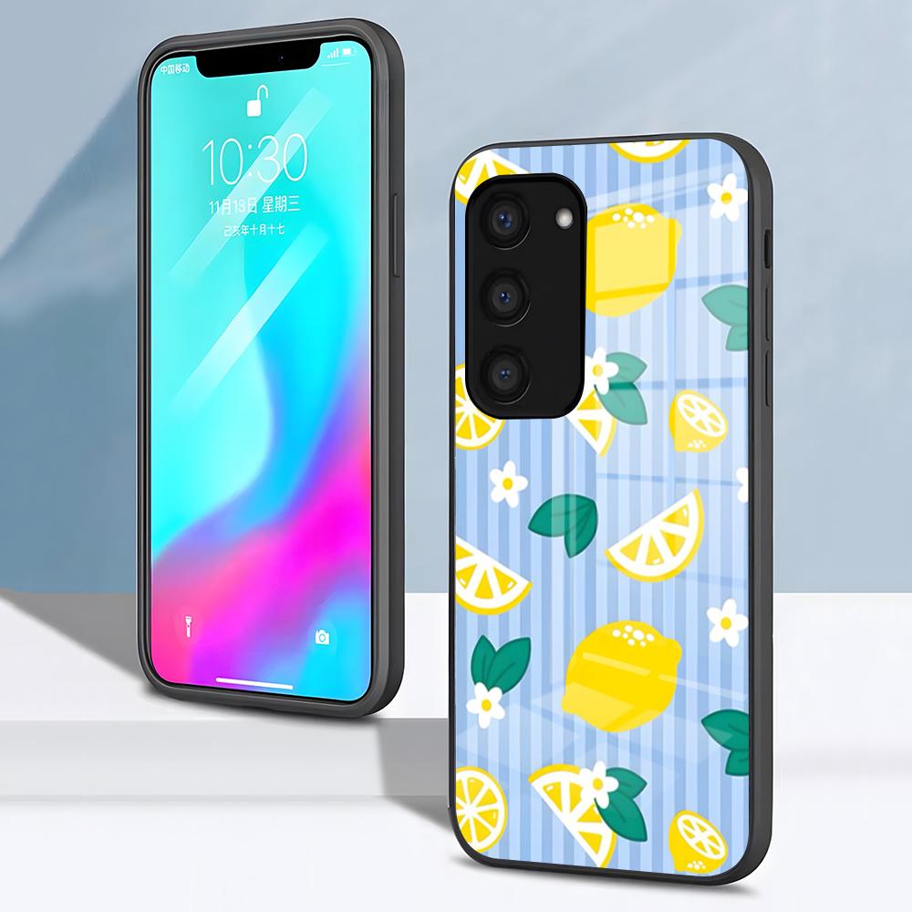Фруктовый чехол-лимон для телефона Samsung S26 S25 S24 FE S23 S22 S21 Plus S20 Ultra Note20Ultra Черная стеклянная крышка