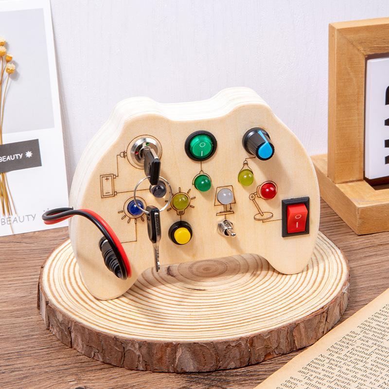 Cross wood children's educational early education tool analog electronic switching power supply LED light busy board busy light toy