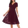 Ladies Solid Color V-neck Mid-length Lace Swing Dress