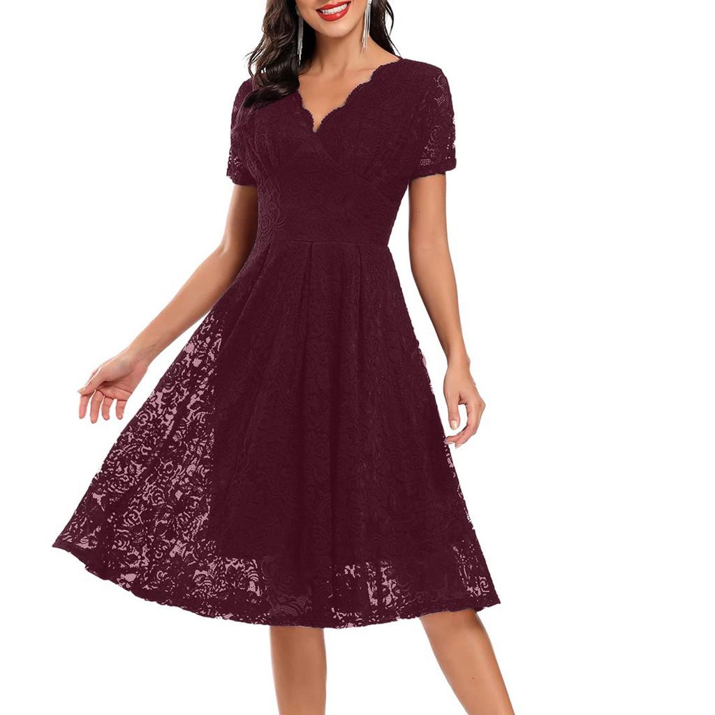 Ladies Solid Color V-neck Mid-length Lace Swing Dress