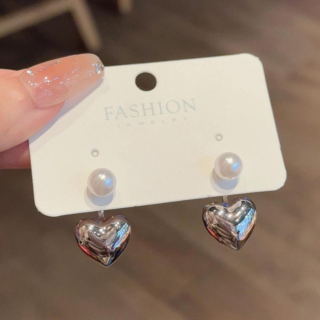 Серьги-гвоздики «два в одном» с жемчугом для женщин, серебристого цвета, металлическое сердце 2 в 1, милое изысканное модное новое украшение для ушей