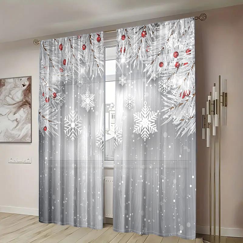 2 Pieces, Silver Pine Branch Snowflake Wood Curtain -30% Blackout - Suitable for Living Room, Bedroom, Kitchen, Home Decoration