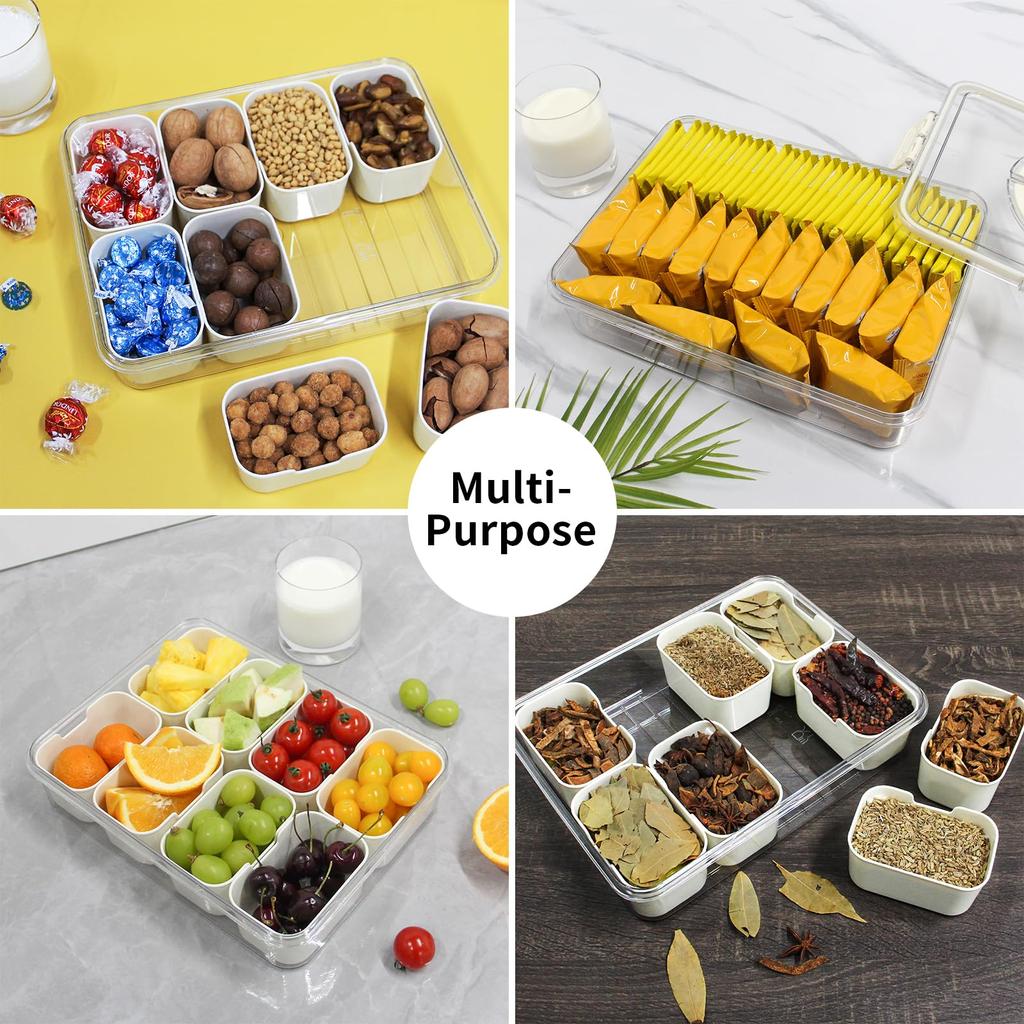 8 Compartments Divided Serving Tray with Lid Veggie Tray Portable Snack Box Food Container for Biscuits, Candy, Fruits, Nuts
