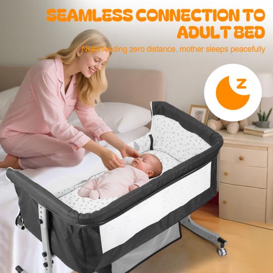 Bedside Crib 4-In-1 Multi-function with Changing Table, 6 Levels Height Adjustable Baby Bed Basket & Mosquito Net, Portable Newborn Infant