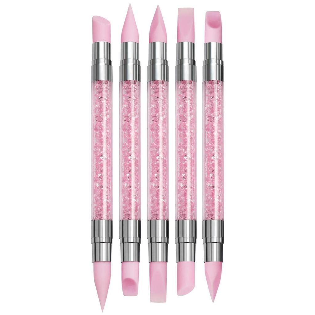 Набор силиконовых кистей для нейл-арта из 5 предметов: Двусторонний инструмент для тиснения, полый резец, кисть для зеркальной пудры с держателем для страз.