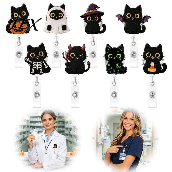 Portable Badge Reel for Backpacks Halloween Black Cat Pumpkin Reel, Retractable with 360 Degree Rotating Clip, Durable Key Chain Acrylic Decorative ID