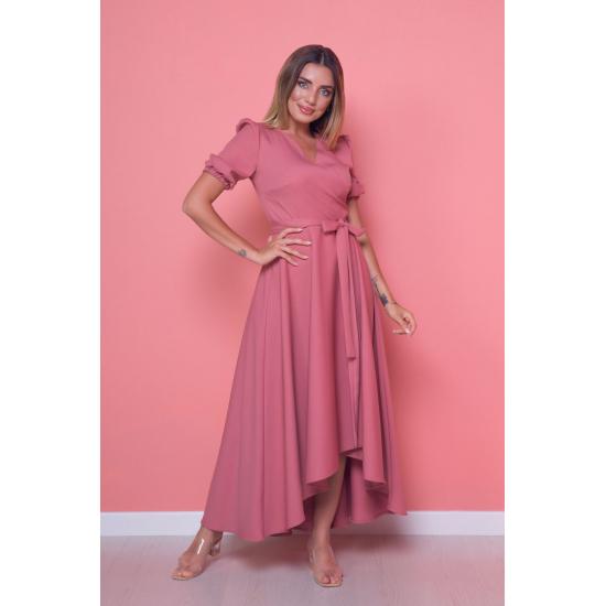 Женское расклешенное платье асимметричного кроя с поясом и двубортным воротником длины миди