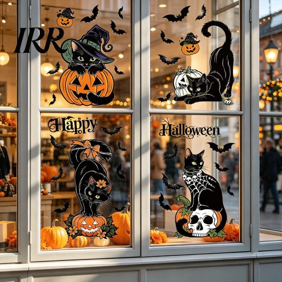 Reusable Holiday Window Film 4 Sheets Halloween Black Cat Clings, Spooky Pumpkin Sticker Sticker, Double Sided Static Decals for Glass Door