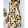Женское весенне-летнее повседневное платье миди с V-образным вырезом без рукавов и цветочным принтом на талии