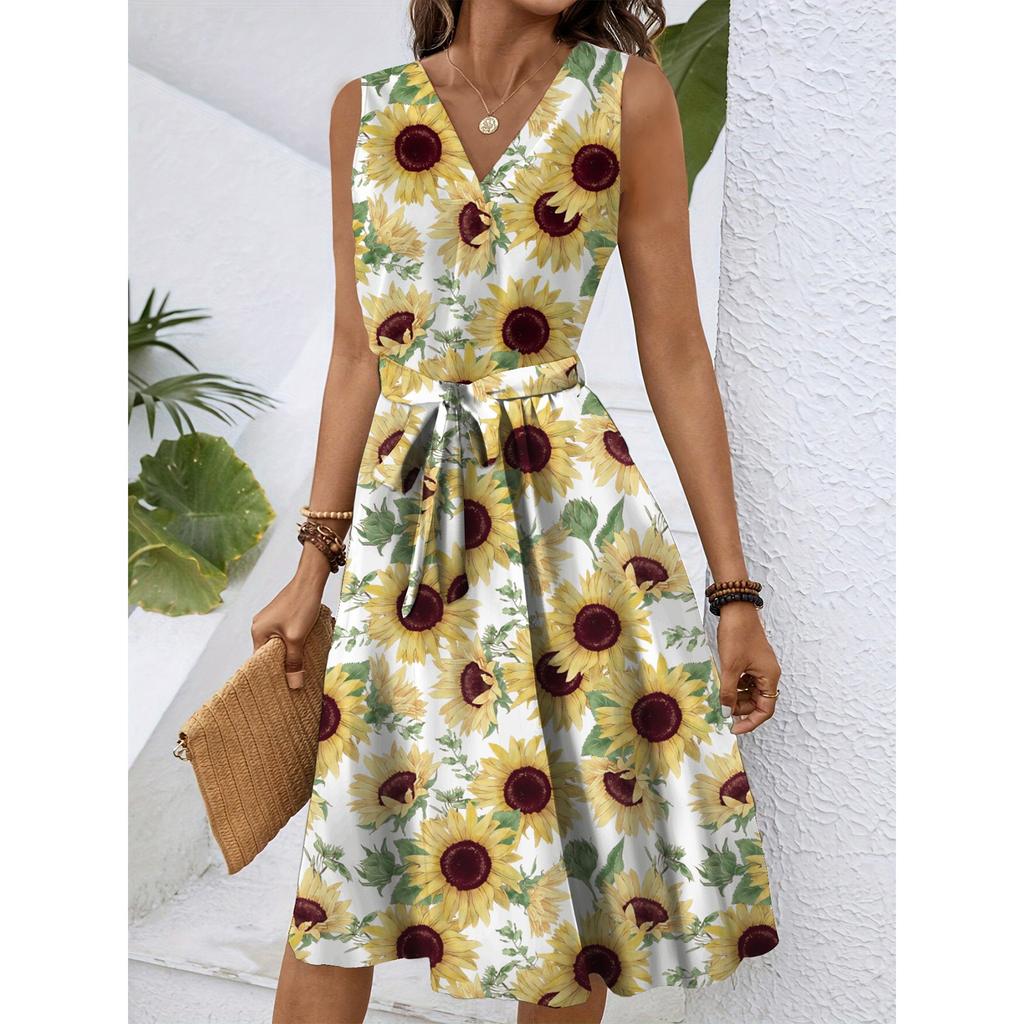 Женское весенне-летнее повседневное платье миди с V-образным вырезом без рукавов и цветочным принтом на талии