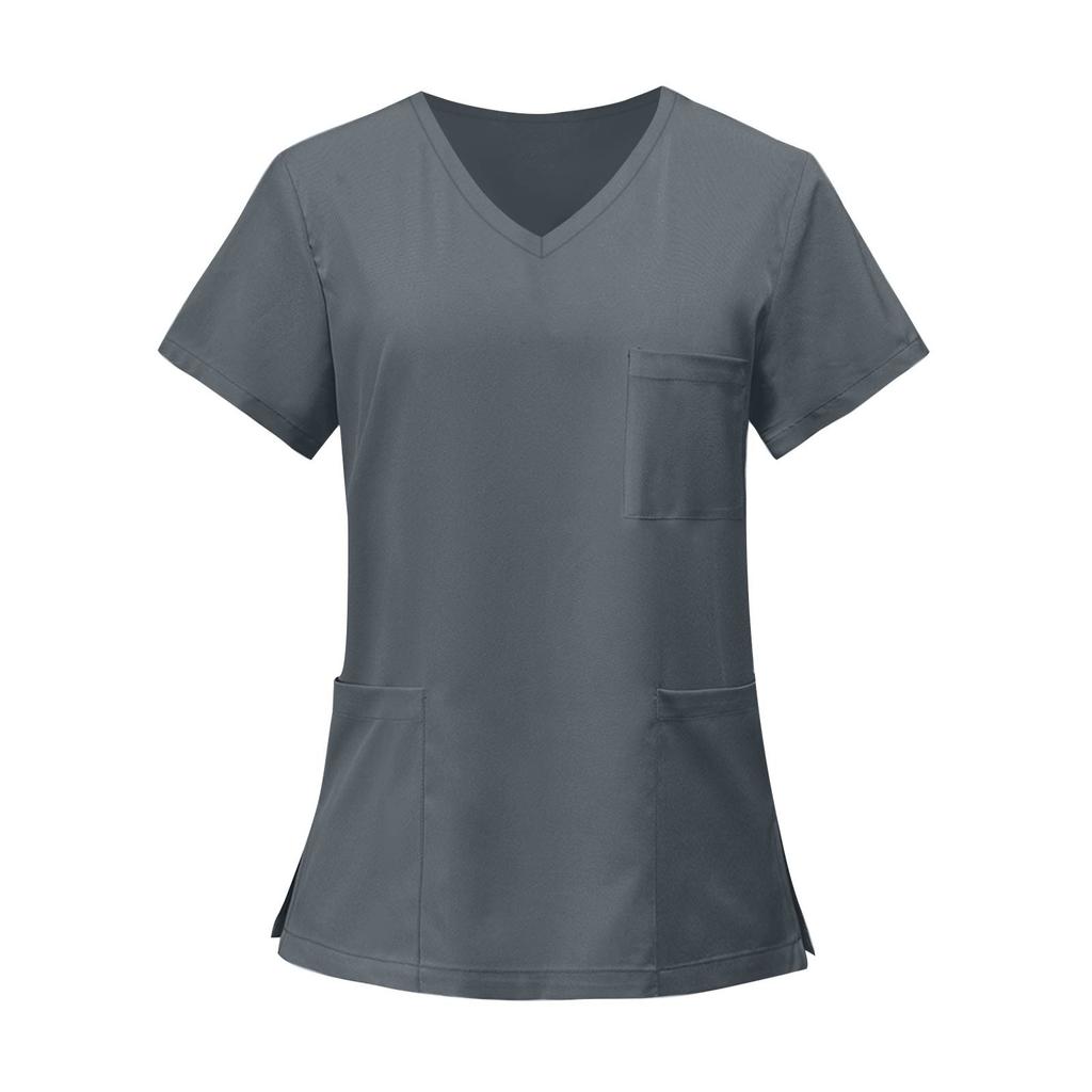 Women's Fashion Solid Short Sleeve V Neck Pattern Tops Pocket Working T-shirts