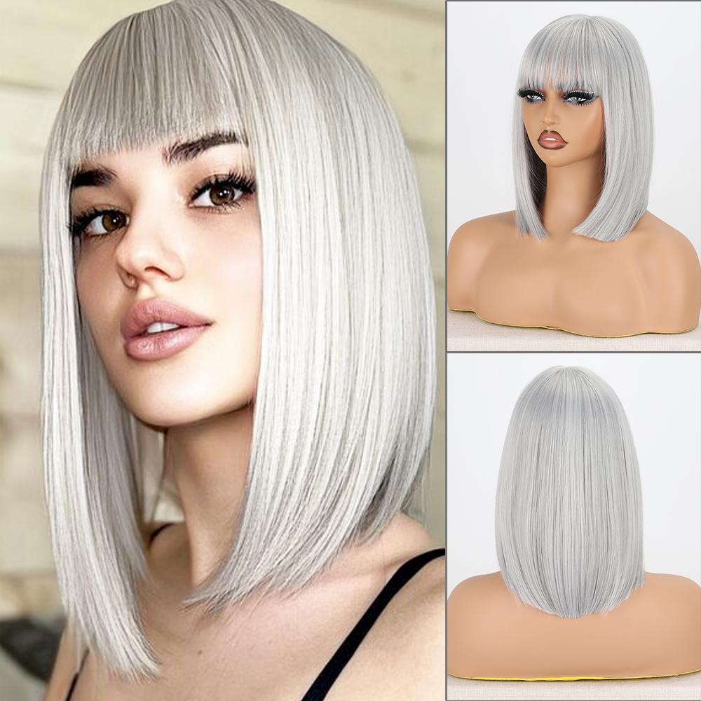 MISS WIG Женский короткий прямой фиолетовый парик до плеч с челкой из синтетического волокна, натуральный прямой парик Боб для косплея
