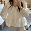 Korean Spring 2023 Women's Ruffle Tie Bow Long Sleeve Peter Pan Collar Shirt