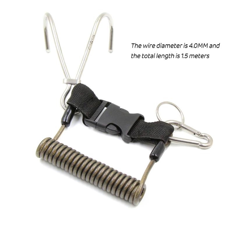 Пружинный трос Рифовый двойной крюк Нержавеющая сталь Подводное плавание Рифовый крюк со спиральным шнурком и быстросъемной пряжкой