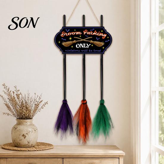 Reusable Farmhouse Entrance Signs Halloween Broom Parking Sign with 3 Witch Brooms, Hocus Pocus Themed Wooden Sign, Hanging Broomstick Holiday