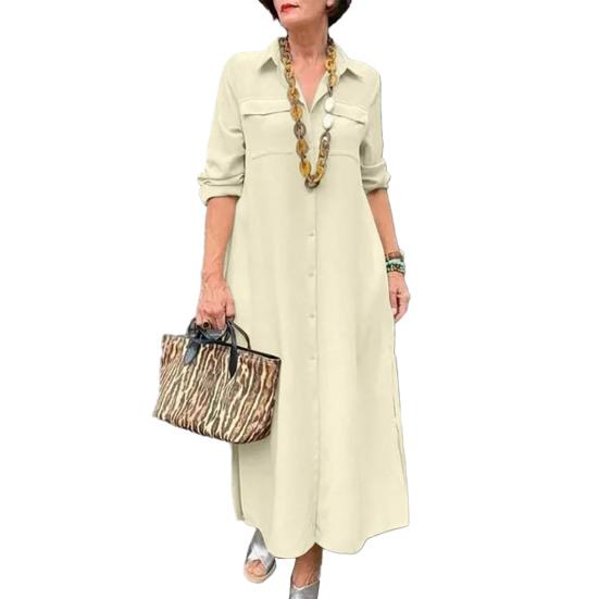 Женское платье с отложным воротником, свободное однотонное однобортное платье трапециевидной формы с длинным рукавом и нагрудным карманом, мягкое дышащее платье до щиколотки, весенне-осеннее платье макси