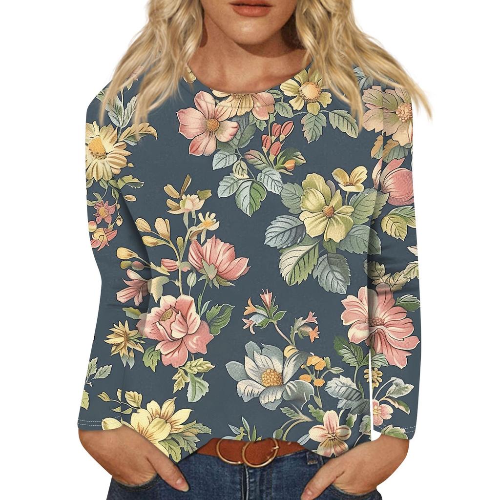 Женская мода Повседневная ретро-принт с круглым вырезом и длинным рукавом Декоративная футболка Топ