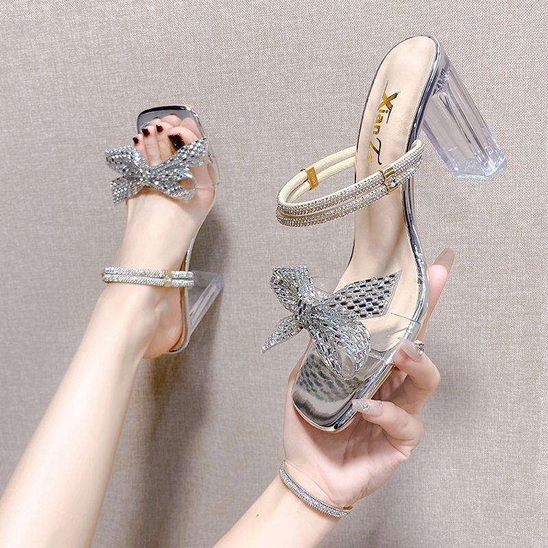 Fashion Thick Heel Stiletto Ladies Shoes Rhinestones Footwear Transparent Summer 2024 Chunky Thin Heels Sandals for Women Block Clear H