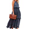 Women Vacation Dress Ruffle Off Shoulder Sleeveless Halter Neck Patchwork A-line Loose Pleated Side Pockets Solid Color Cake