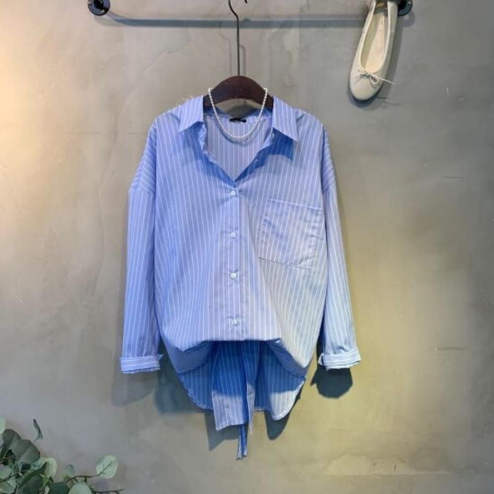 C S In The Room Stripe baCk tuCk Ribbon aSymmetriCal looSe Fit poCket Shirt 2Col