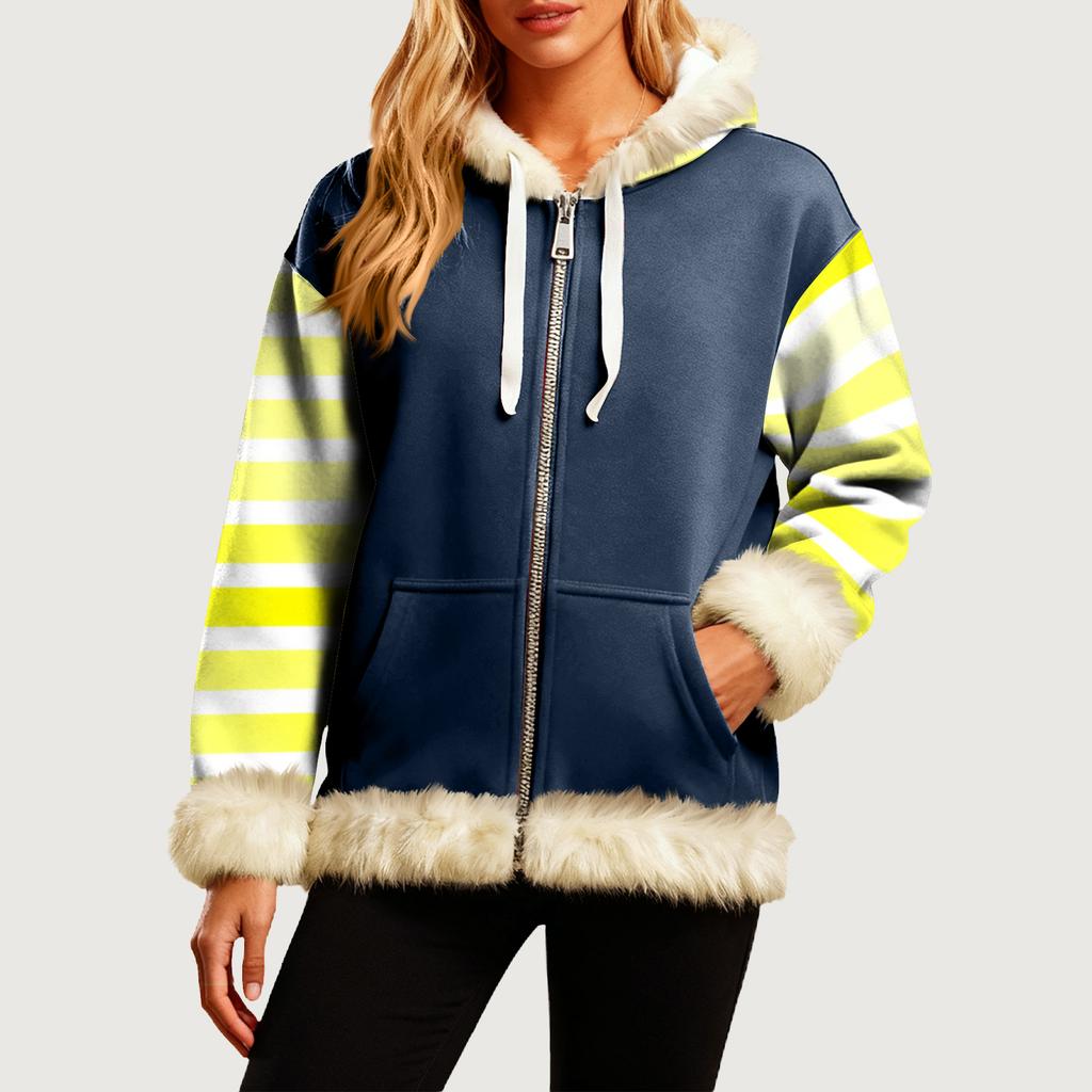 Женская Удобная Свободная Модная Повседневная Толстовка-Куртка с Длинным Рукавом, Карманами и Капюшоном с Полосатым Принтом