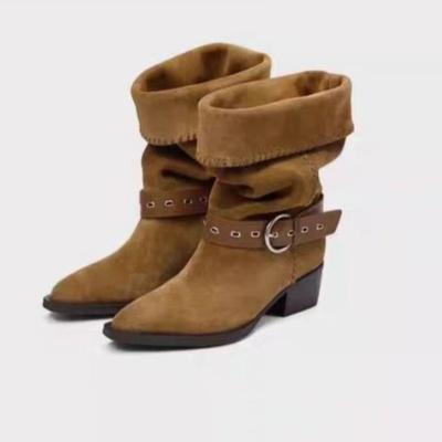 Ботильоны женские осенние новые винтажные с острым носком из замши с заклепками, с металлической пряжкой, на блочном каблуке, ковбойские в западном стиле