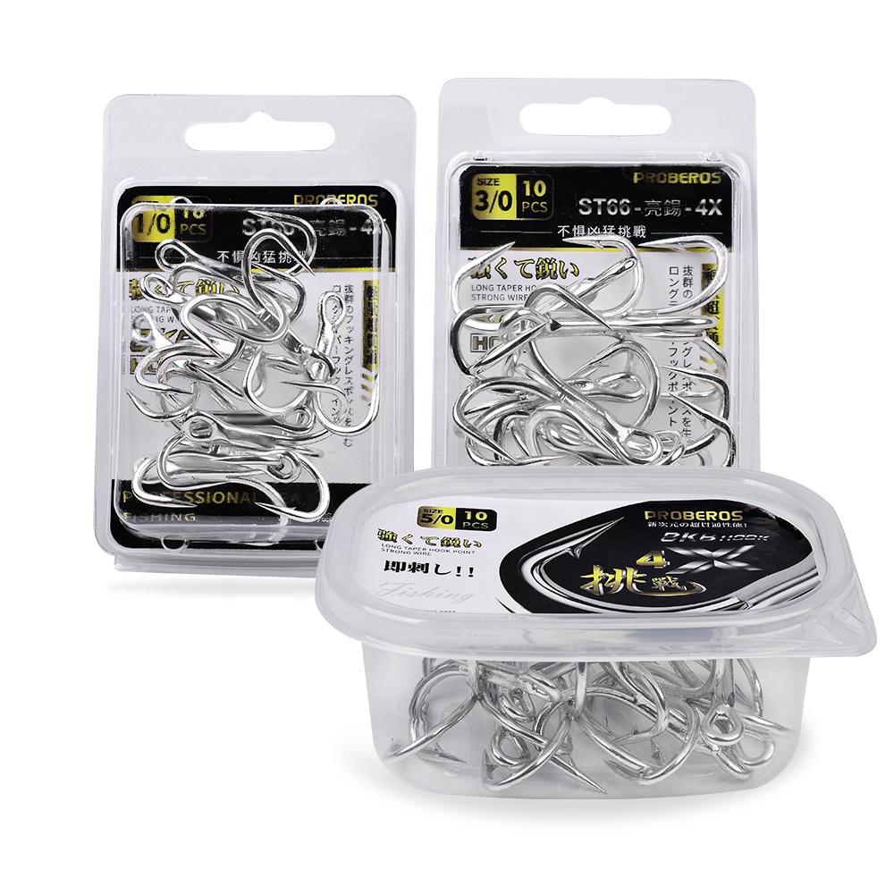 PROBEROS 4X ST66 Treble Fishing Hooks Hi-Carbon Steel Anti-Corrosion Silver 4#-5/0# High Strength Tackle 10pcs/box