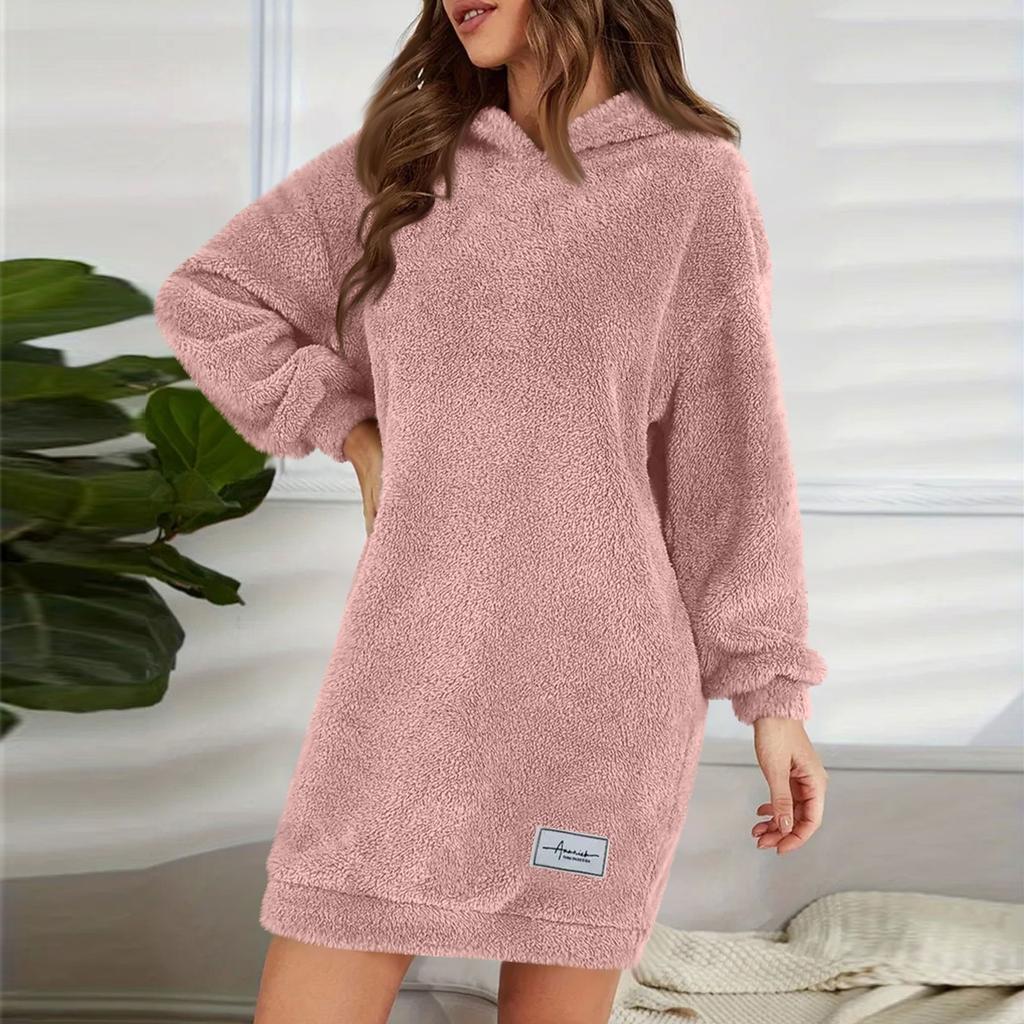 Women's Fashion Hooded Long Sleeve Plush Dress Solid Color Casual Sweatshirt