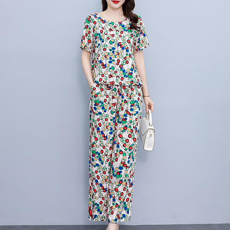 Летние комплекты с широкими брюками больших размеров с винтажным принтом, повседневные элегантные свободные комплекты для женщин, комплект из 2 предметов