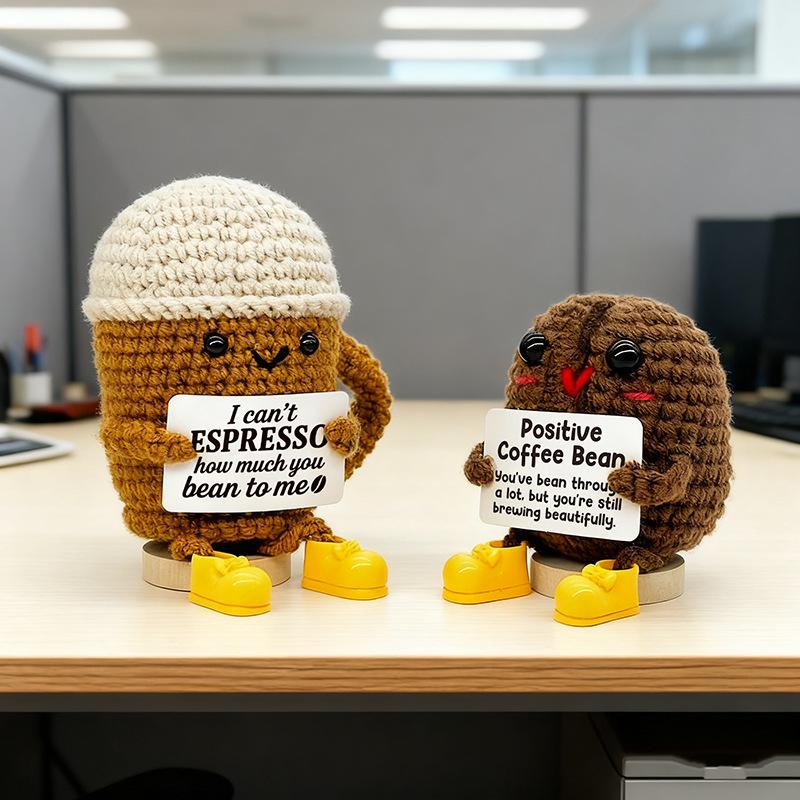 Funny Crochet Positive Energy Coffee Doll with Card Home Room Decoration Handmade Knitted Coffee Desk Ornament Christmas Gifts