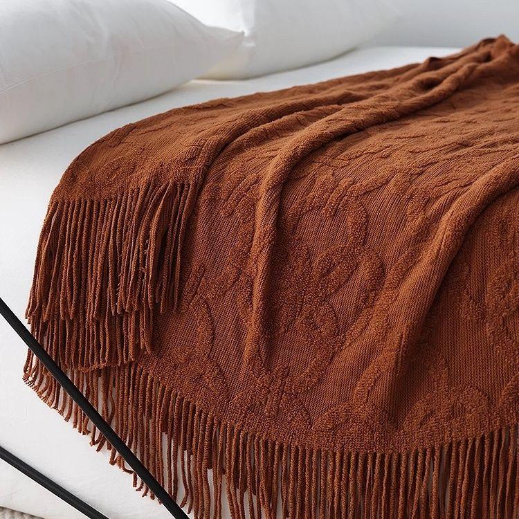 Вязаная дорожка на кровать и плед для дивана American Vintage - Длинное коричневое покрывало с нордическим минималистичным дизайном