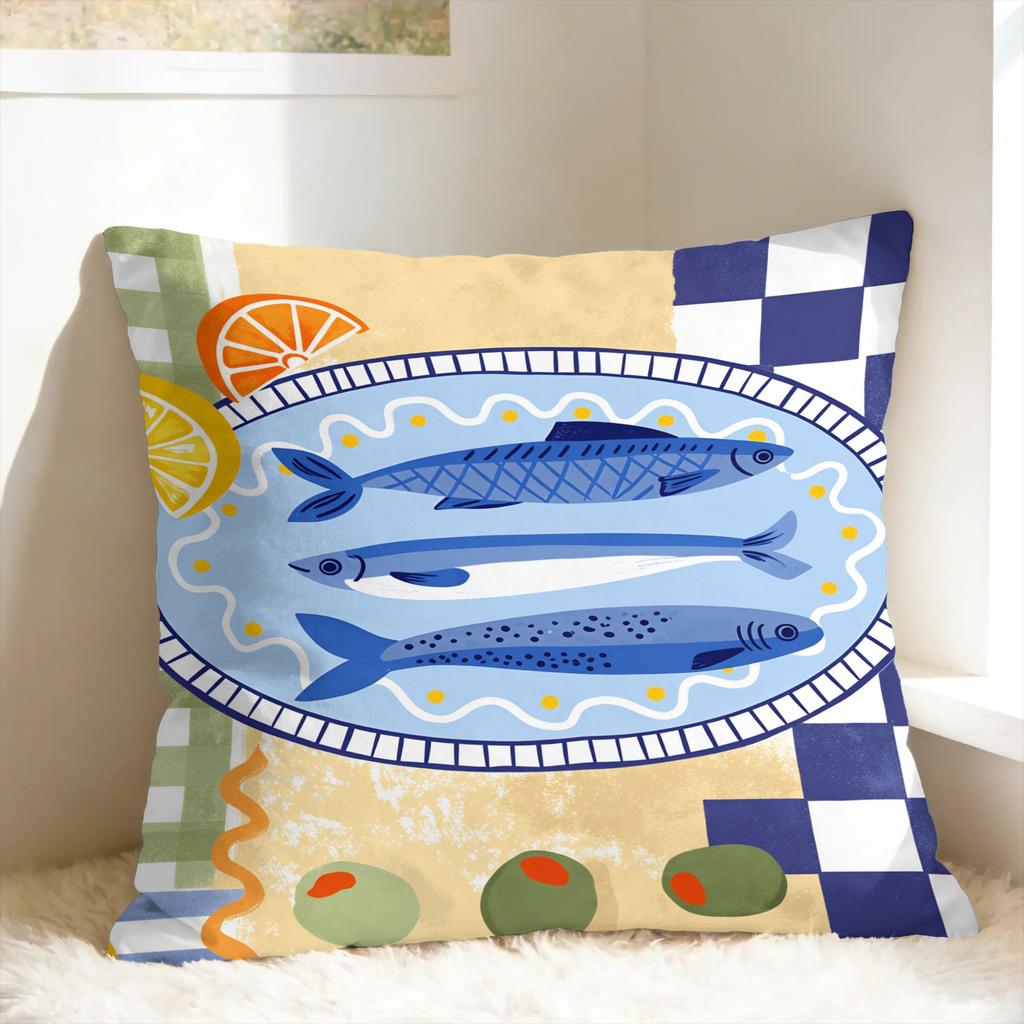 Flat Coastal Seafood Themed Pillow Case Retro Trendy Pillow Cover Soft Pillowcases For Sofa Couch Bed Living Room