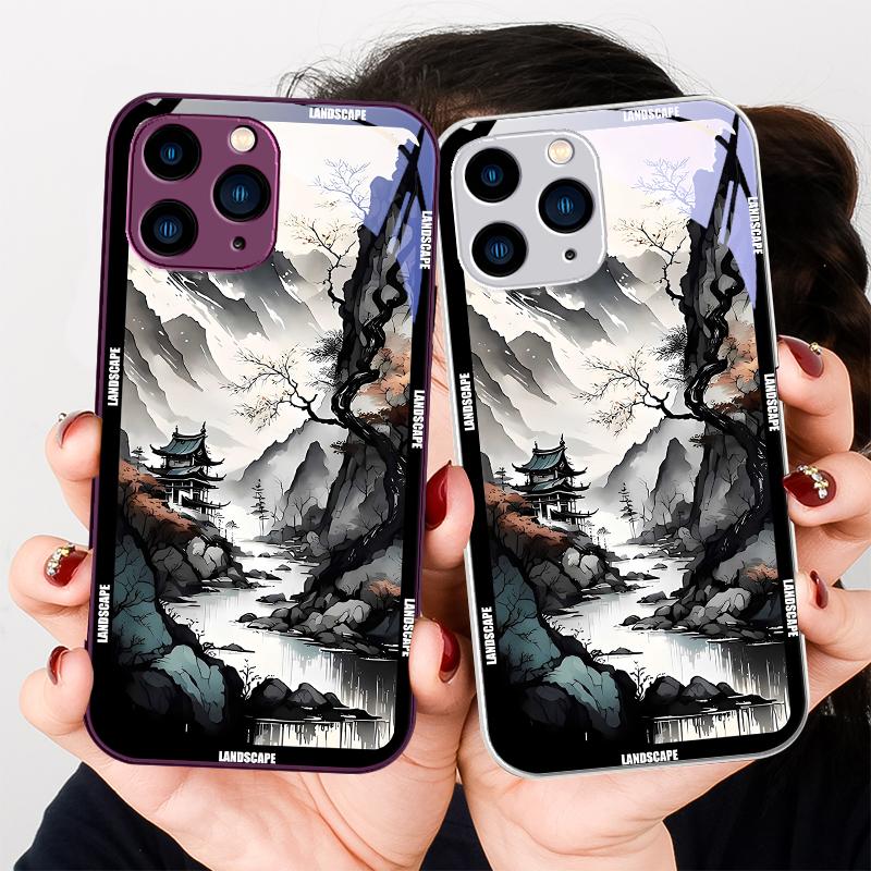 Китайская пейзажная живопись для iPhone 16 Plus 15 14 13 12 Mini 11 Pro Max X XS XR 7 8 Plus 2022 Закаленное стекло Чехол для телефона
