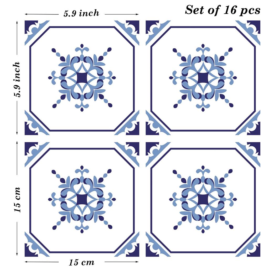 Poromoro Portuguese Spanish Azulejo Tile Stickers Peel and Stick Kitchen Bathroom Mosaic Tile Stickers Set of 16 & (5.9, 70)