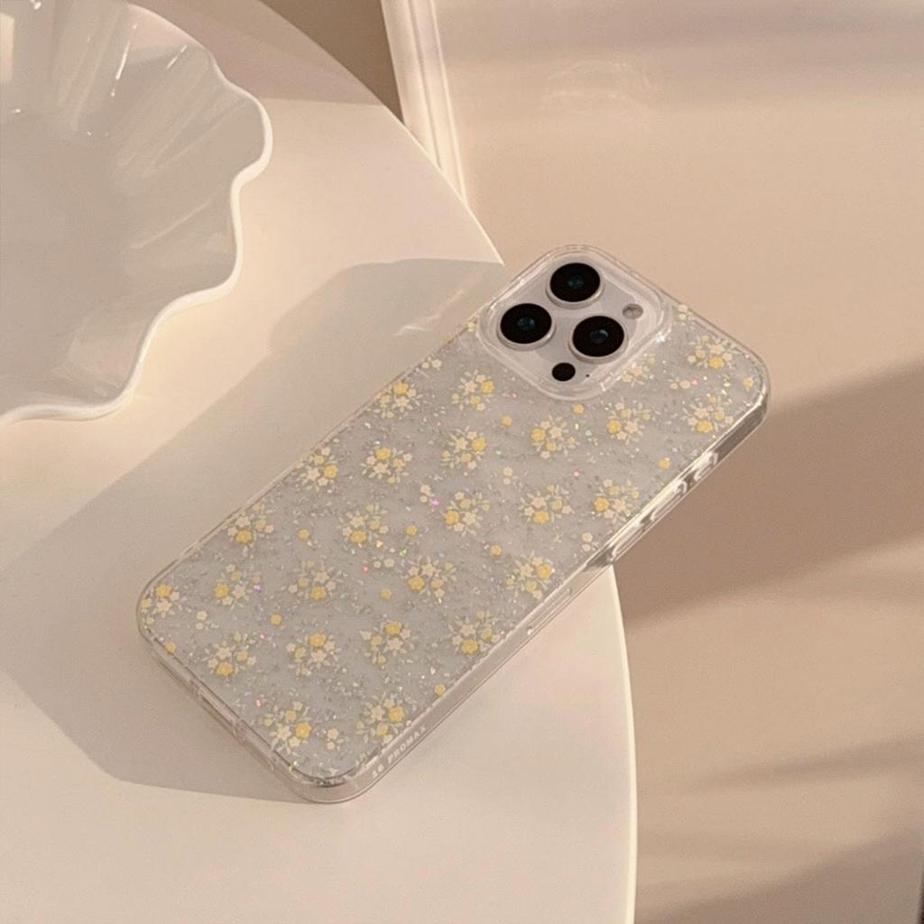Теплые желтые цветы, подходящие для чехла для мобильного телефона Apple 16promax 17 Свежий и красивый Iphone14 Блестящая пудра 11 Прозрачный