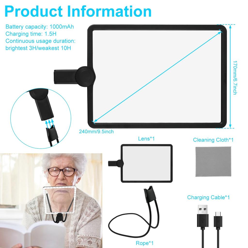 5X Full Page Magnifier Neck Mounted Hands Free Dimmable LED for Books Maps Newspaper Painting Repair