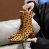 Обувь женская мода зимние леопардовый узор вязаные женские сапоги замшевые с острым носком толстый высокий каблук элегантные короткие сапоги Zapatos