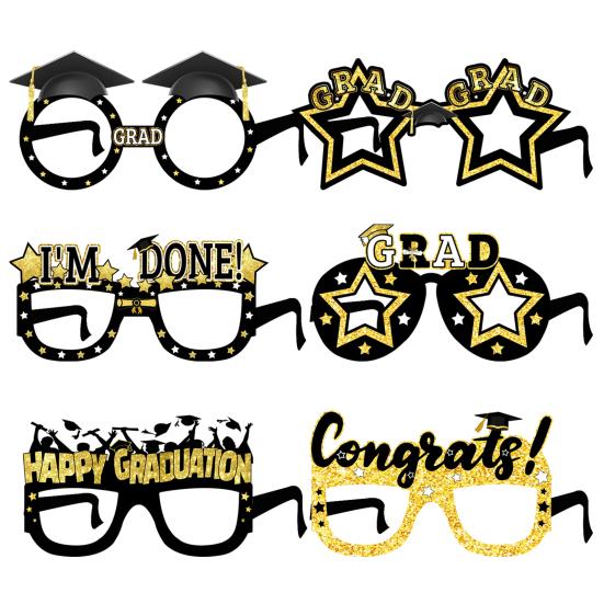 6 шт. черно-золотых выпускных очков класса 2025 года, очки для украшения выпускного вечера, реквизит для фотобудки