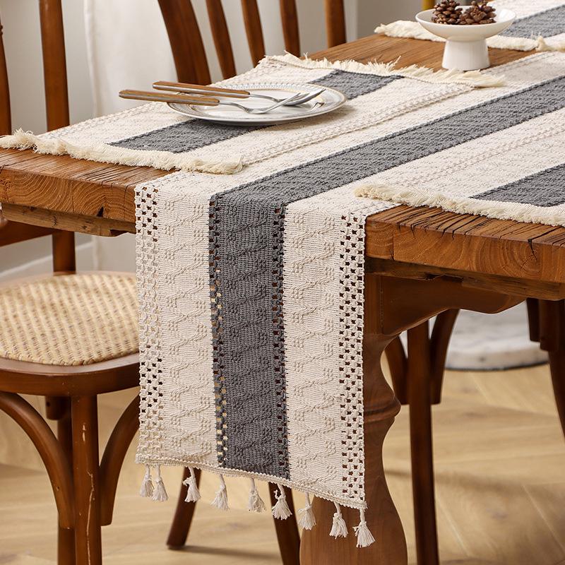 Дорожка для стола с кисточками из хлопка и льна в этническом стиле - легкое роскошное праздничное украшение