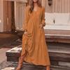 Women Bohemian Cotton Linen Dress Oversized V-neck Long Sleeve Swing Dress Pleated Ruffle Tiered Flowy Long Dress