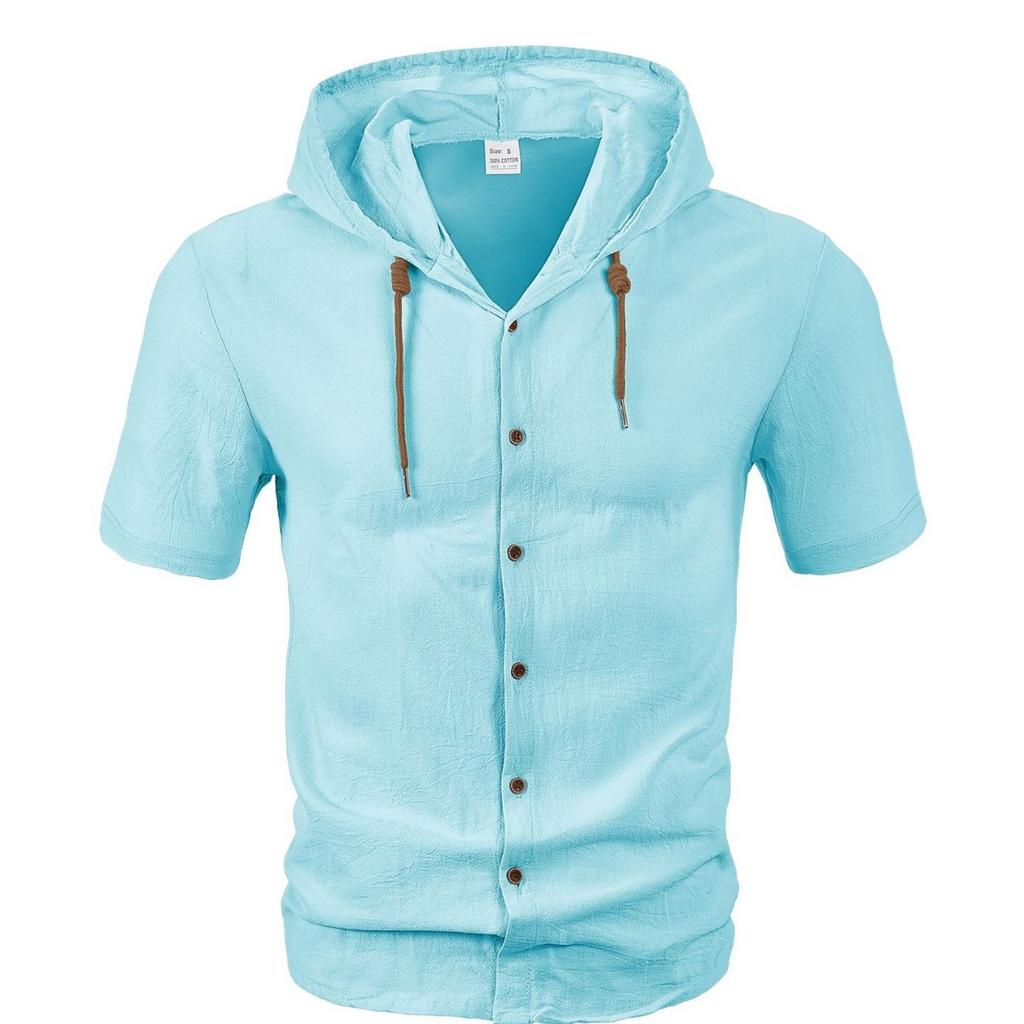 Men's Summer Linen Hooded Short Sleeve Shirt Casual Loose Breathable Lightweight Amekaji Shirt