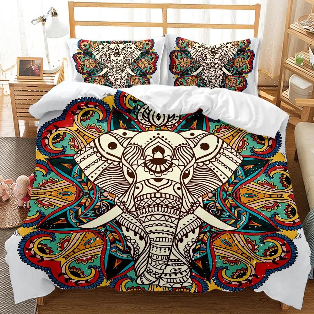 2/3 Piece Bohemian Elephant Mandala Pattern Bedding Set Boho Duvet Cover Queen King Size Quitl Cover Polyester Comforter Cover