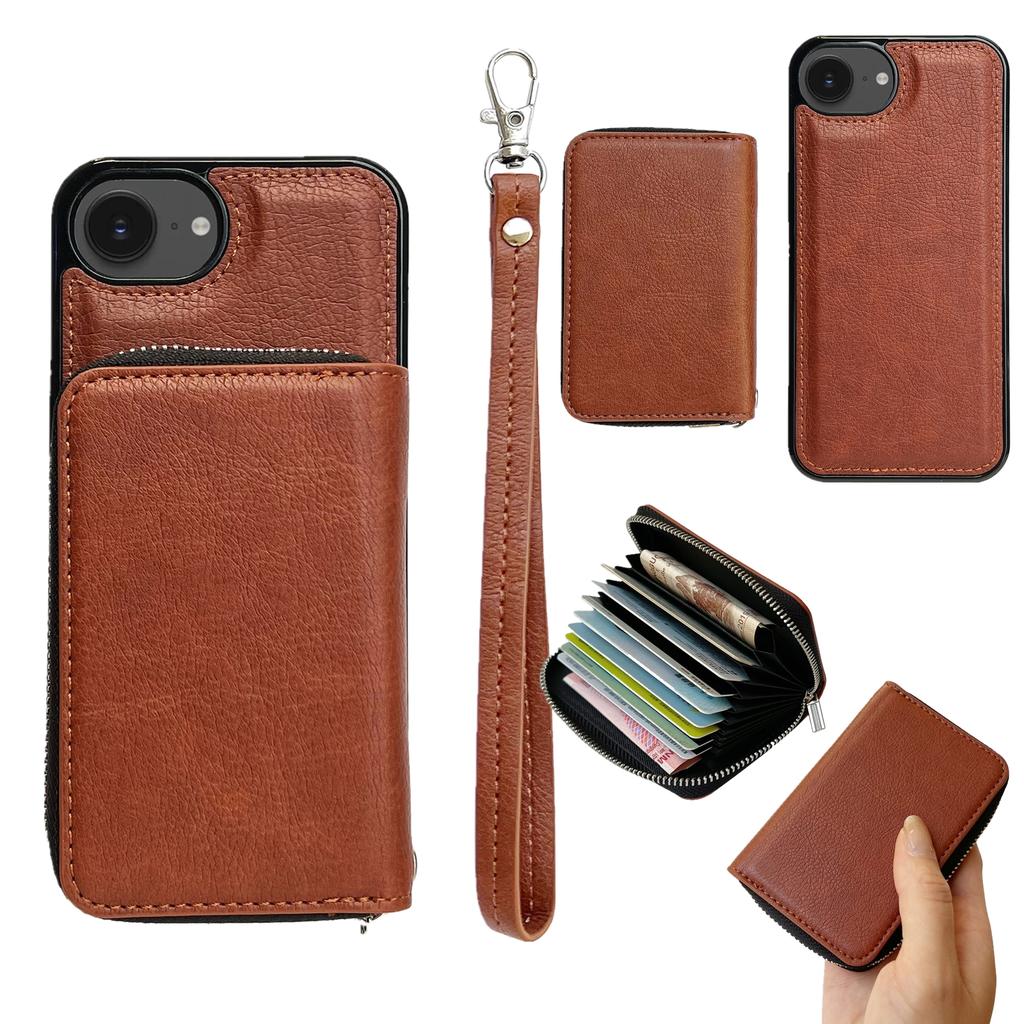 Чехол для iPhone 16e Съемный карман на молнии для карт PU TPU Подставка Чехол для телефона с ремешком