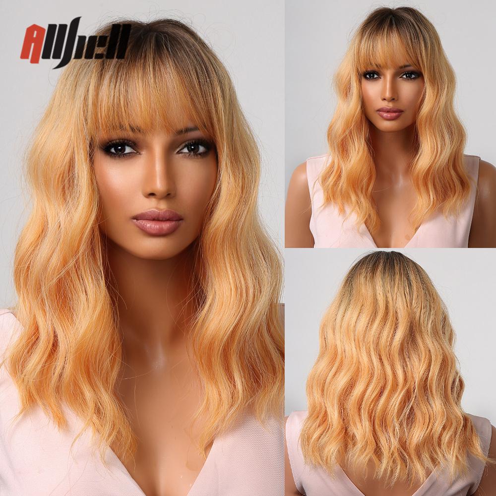 Synthetic Bob Hair Wig with Bangs Ombre Platinum Blonde Cosplay Wigs for Women Short Heat Resistant Female Daily Lolita Wavy Wig