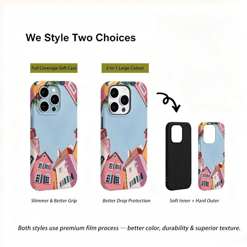 Pastel Colorful Town Landscape Graphic Art Film Aesthetic Protective Shockproof Bumper Phone Case Cover For iPhone 14 15 16 Pro Max Plus