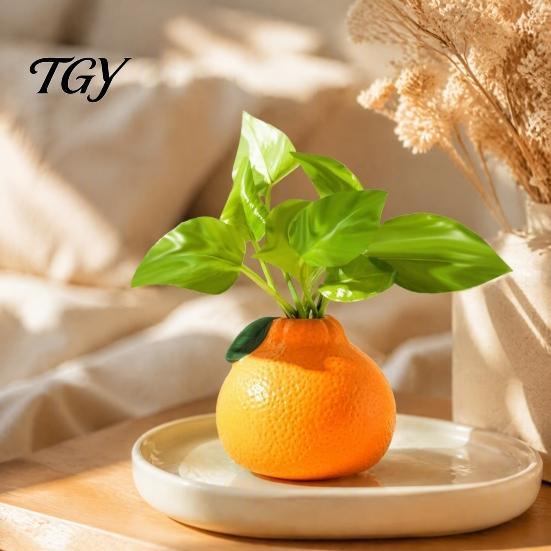 Bright Colored Decorative Vessel Orange Shaped Vase, Hydroponics Creative Flower Container, Small Sustainable Plastic Vase Pot for Living Room