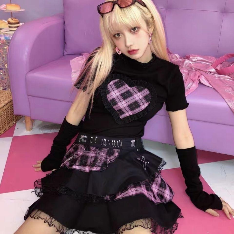 Юбки в стиле рок-панк для девочек в стиле Харадзюку, с кружевом и цепочкой, женские, готические, с высокой талией, в стиле мини-торт Y2K, уличный топ