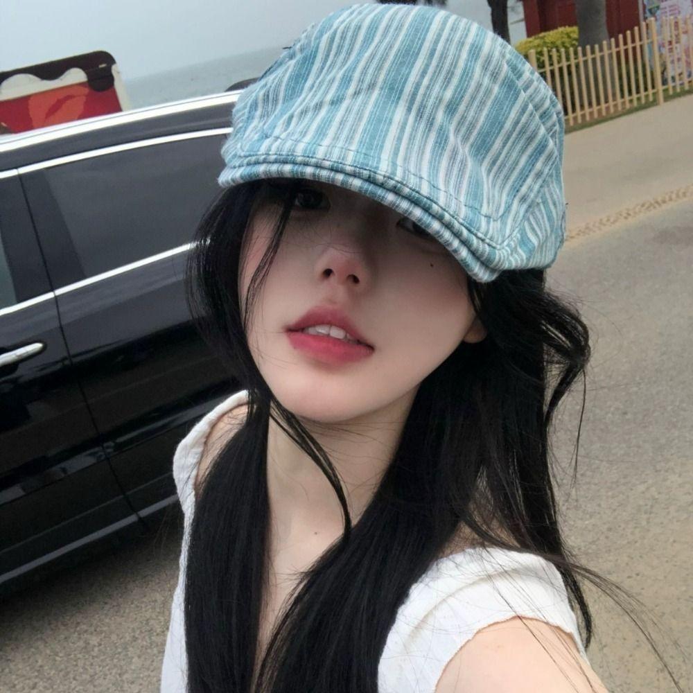 Y2k Newsboy Cap Striped Painter Hat New Peaked Caps Female